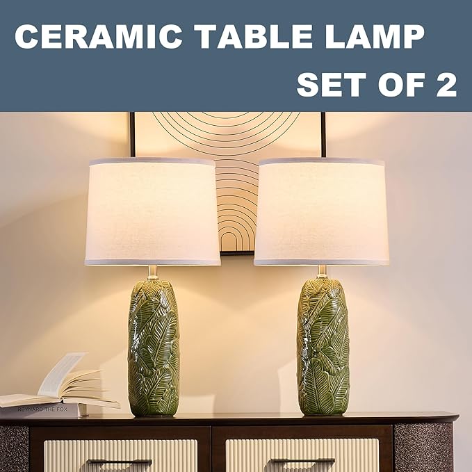 25" Modern Green Ceramic Table Lamp with White Linen Shade – Leaf Embossed Base, Soft Glow Bedside Lamp for Bedroom, Living Room, Office Decor