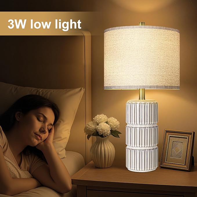 23.5" Ceramic Table Lamp Set of 2, Table Lamps for Living Room, Bedside Lamps with 3-Way Dimmable Bulb, Lamps for Night Stands with Linen Shade, Farmhouse Lamp with Rotary Switch (Bulb Included)