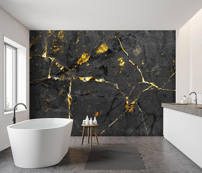 -Black and Gold Marbled Fabric Wallpaper Dark Abstraction Art Living Room Bedroom Bathroom Wall Mural- 137"x96"（ not Peel and Stick）
