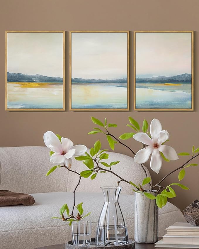 KUVIOKE Abstract Landscape Framed Wall Art Minimalist Neutral Illustrations Modern Art Decorative Nordic Home Decor 12x16in (Natural Framed)