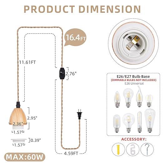 Arturesthome 16.4FT- Pendant Light Cord Hanging Light Kit with Dimmable Switch Vintage Lamp Cord with Twisted Nylon Lights Socket E26 E27 for Farmhouse Lamp Cable DIY