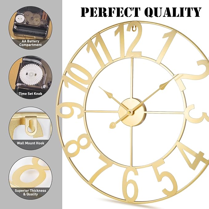 Large Wall Clock for Living Room Decor - 24 inch Big Decorative - Metal Wall Art - Analog Large Clock for Bedroom, Home, Kitchen, Office, Wall Decor