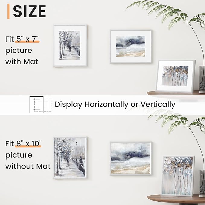 8x10 inch Metal Picture Frame - 8 x 10 Thin Aluminum Photo Frames with 5x7 Removable Mat - High Definition Plexiglass - Ideal for Wall or Tabletop Display - Wall Hook Hanging Hardware Included - Silver, Set of 1