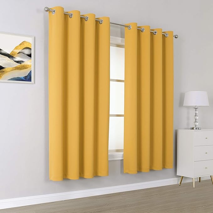 DUALIFE Yellow Curtains 45 Inches Long Blackout Curtain Panels for Bedroom Room Darkening Gold Window Drapes Thermal Insulated Grommet Top 52W x 45L,2 Panels