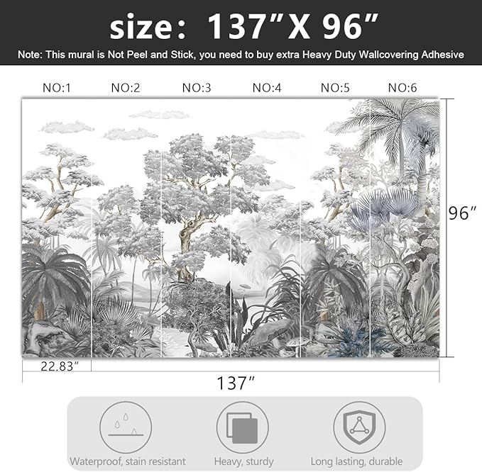 -Tropical Rainforest Botanical Grey Jungle Forest Fabric Wallpaper Living Room Palm Leaf Plant Bedroom Bathroom Large Wall Mural- 137"x96"（ not Peel and Stick）