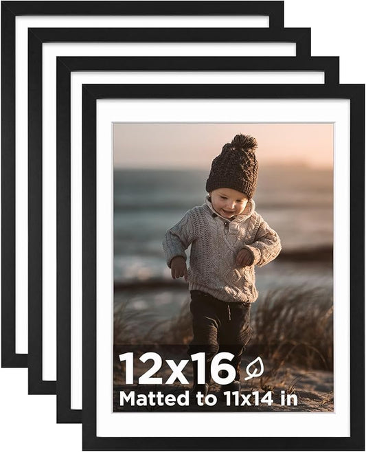 KINLINK 12x16 Picture Frame Black, Wooden 16x12 Photo Frames with Plexiglass for 11x14 Picture with Mat or 12x16 Without Mat, Perfect for Art Wall and Tabletop Display 12 x 16 frame Set of 4
