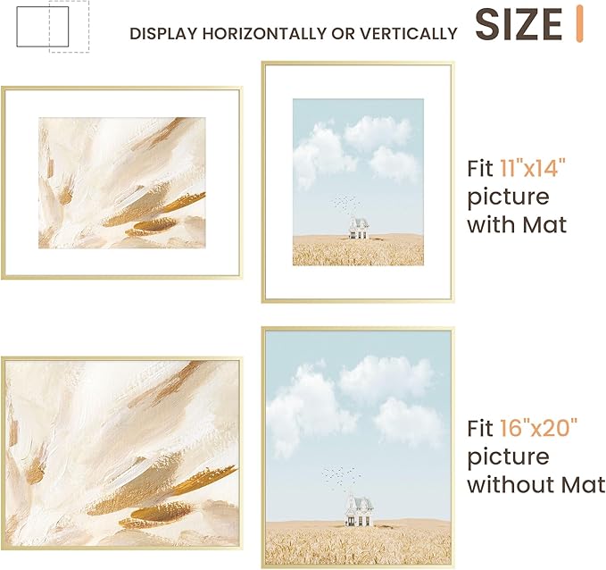 16x20 Metal Picture Frame Golden, Aluminum Poster Frame with Removable Mat for 11x14 Photo, 16 x 20 Thin Hanging Frames, Simple and Elegant Decor for Wall Mounting, 1 Pack