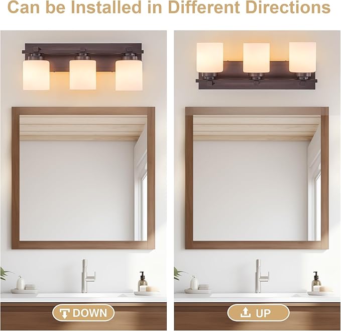 3 Light Modern Bathroom Light Fixtures Over Mirror, Bronze Finish Vanity Lights for Bathroom Wall Sconces with Milky White Glass Shades, E26 Socket (Bulbs Not Included)