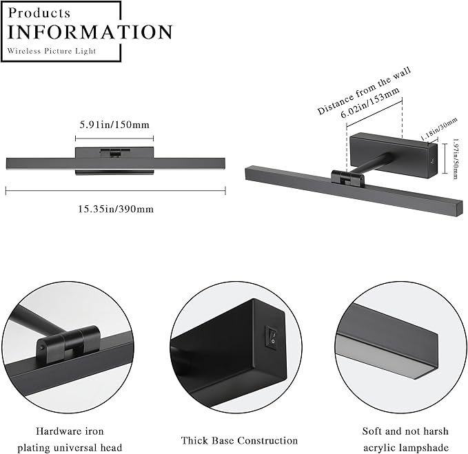 Joosenhouse Wireless Picture Light Battery Operated Gallery Light with Remote Control Rechargeable Wall Lights Black 15.35" Dimmable and Timed Off Wall Sconce Light