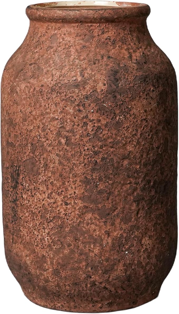 Terracotta Vase, Large Rustic Ceramic Vase, Farmhouse Decor for Living Room, Shelf, Mantle, Entryway, Room Decor, 9 Inch, Brown