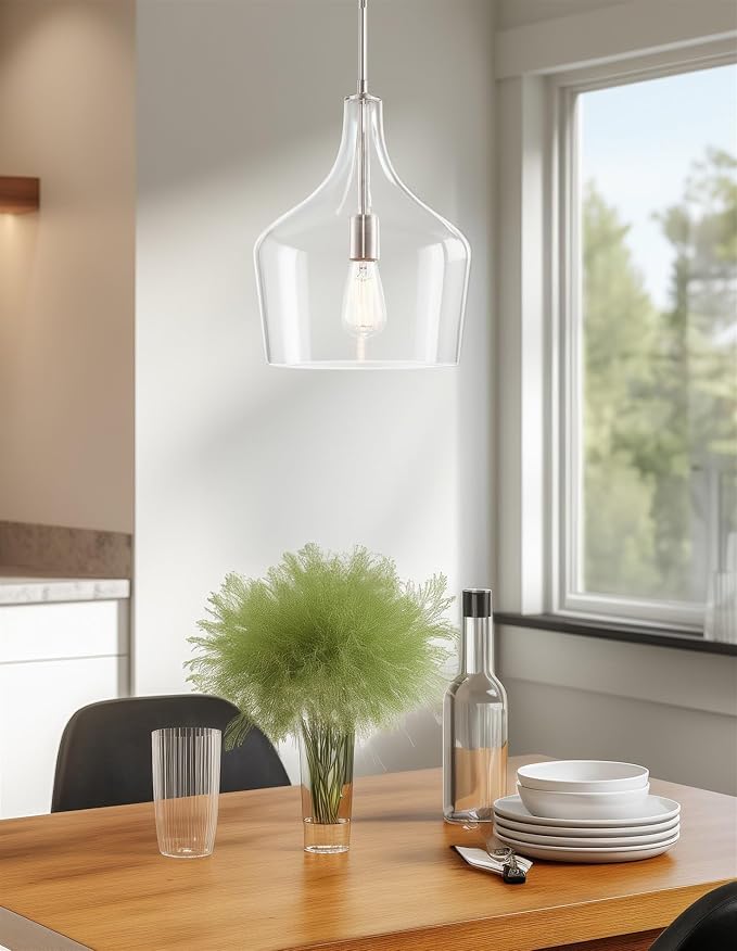 Kira Home Lucy 16" Modern Pendant Light + Clear Glass Vase Shade, Adjustable Hanging Height, Brushed Nickel Finish