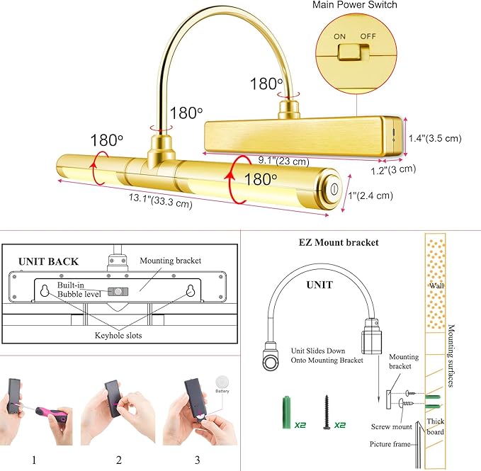 BIGMONAT Wireless Picture Light for Paintings, Dimmable Dartboard Light with Remote and Timer, Rechargeable Battery Operated Display Lamp for Wall Artwork Portrait Photo Gallery Mirror