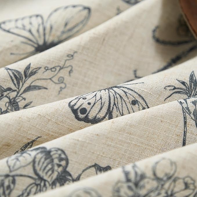 Lazzzy Blue Floral Linen Farmhouse Curtains 96 Inches Long Back Tab Drapes for Living Room Bedroom Light Filtering Country Vintage Rod Pocket Curtains,2 Panels, Blue on Beige