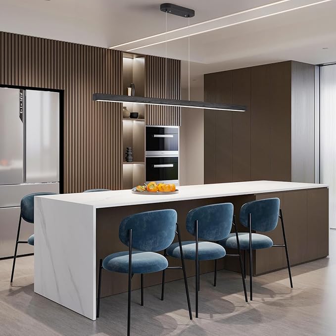 55 Inch LED Linear Pendant Light Black Wood LED Kitchen Island Lighting Dimmable Ceiling Hanging Chandeliers for Dining Room Living Room Bar Pool Table 36W Modern Farmhouse Fixture Black Wood Finish