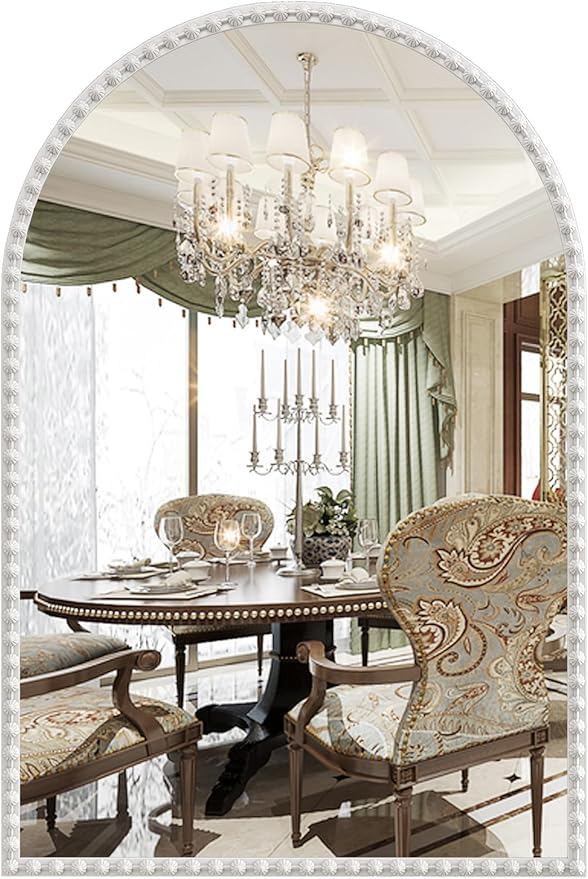 Arched Mirror for Wall, 24"x36" White Arch Bathroom Vanity Mirror, Metal Floral Frame Decorative Arch Wall Mirror, White Arched Mirror for Washroom, Bedroom, Entryway, Living Room