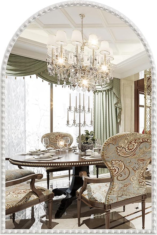 Arched Mirror for Wall, 24"x36" White Arch Bathroom Vanity Mirror, Metal Floral Frame Decorative Arch Wall Mirror, White Arched Mirror for Washroom, Bedroom, Entryway, Living Room