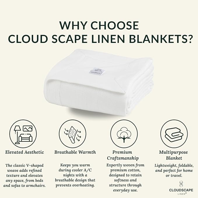Cloud Scape Linen Herringbone Cotton Throw Blanket for Couch, Bed,Sofa, Home Decor, Soft, Lightweight, All-Season Bed Blanket, 50 x 70, White
