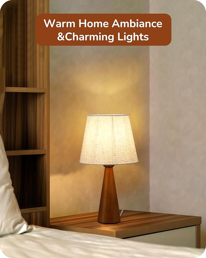 EDISHINE 13.58" Small Table Lamp, Wooden Bedside Lamp with Beige Linen Lampshade, Space-Saving Nightstand Lamp for Nursery Kids Room Bedroom Living Room, E26, ON-Off Button, Dark Rosewood Base
