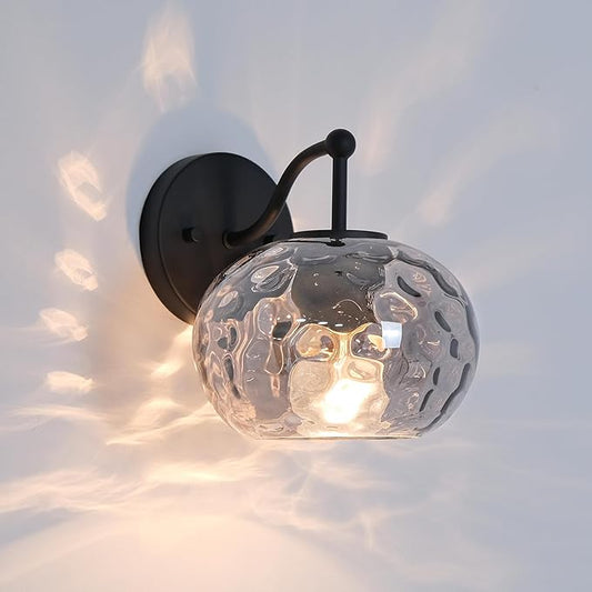 Matte Black Wall Sconce Light Smoked Hammered Glass Vanity Lighting Modern Grey Shade Wall Lamp for Bathroom Over Mirror