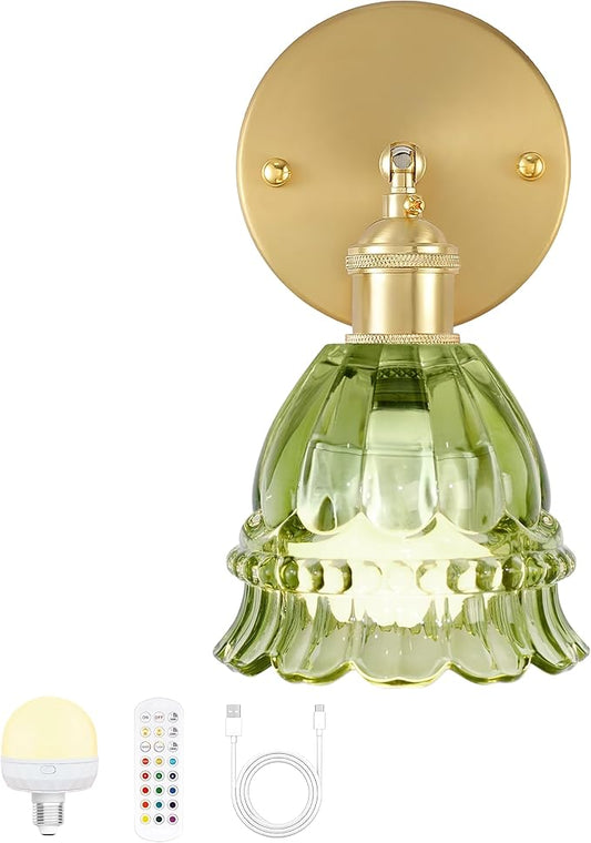 Battery Operated Wall Sconce with Remote Control,Vintage Wall Lamp with Flower lampshade,Rechargeable Battery Powered Wall Lights with 15 Colors for Beside Bedroom Living Room Doorway,Lily Green