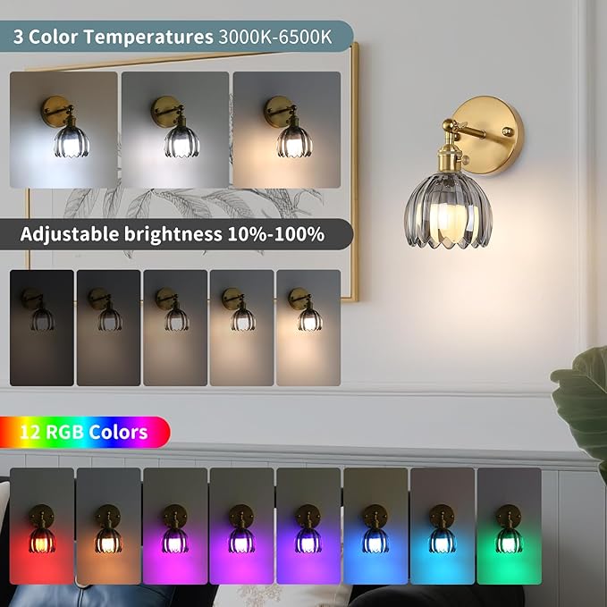 Battery Operated Wall Sconce Set of 2 with Smoke Gray Floral Glass Shade Vintage Wireless Wall Light with Remote Control for, Living Room, Bedroom and Bathroom Timer/Memory Function/Dimmer