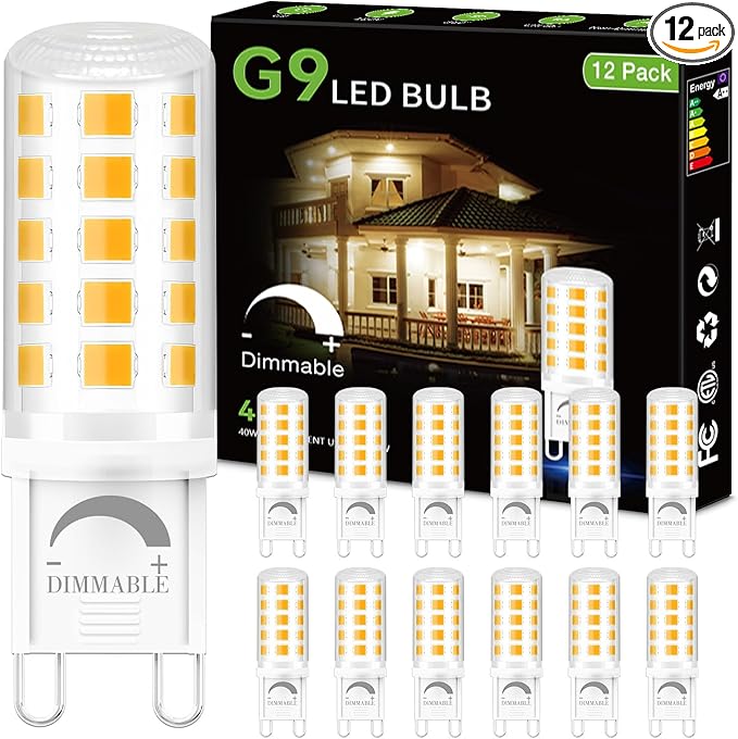 DAYBEETER 12 Pack Dimmable G9 LED Bulb 4W (40 Watt Equivalent), 2700K Soft Warm White, G9 Halogen Bulb T4 G9 Bi-pin Base Light Bulbs for Chandelier,120V 450LM 360 Beam Angle No-Flicker G9 Bulb