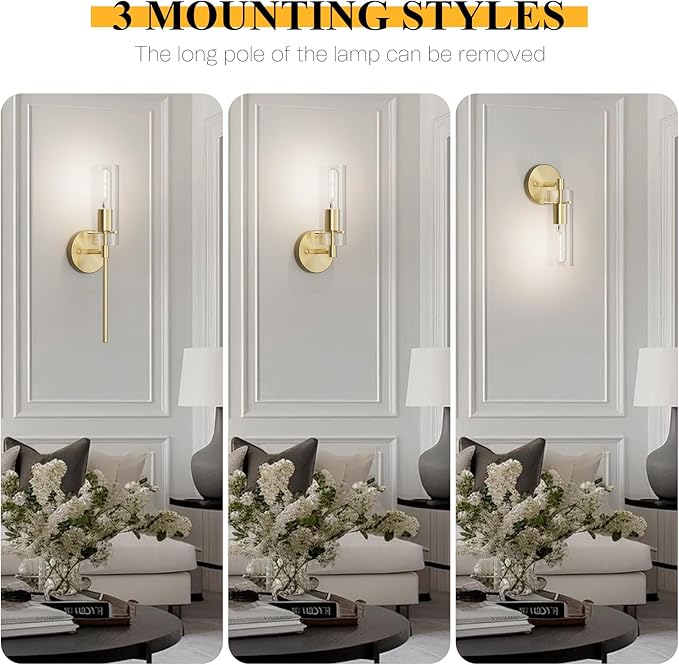 Wall Sconce Set of 2 Brass Wall Light, Farmhouse Vanity Light Fixture Modern Indoor Wall Light with Clear Glass Shade for Bathroom Bedroom Living Room Hallway Vanity