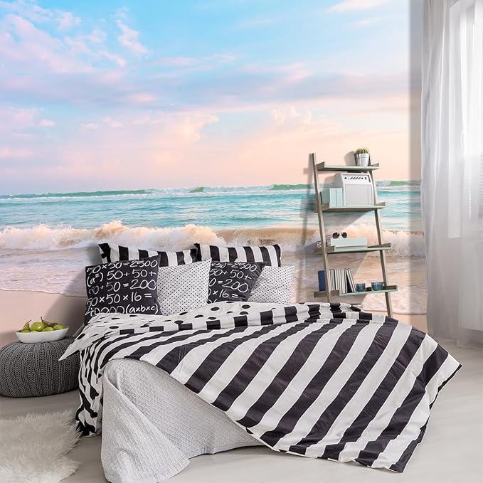-Clear Waves Summer Beach Coastal Scenery Fabric Wallpaper Coastal Islands Living Room Bedroom Bathroom Boys Girls Kids Room Large Mural- 91"x65"（ not Peel and Stick）