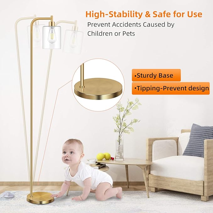 Industrial Floor Lamp with Hanging Glass Shade Brass Gold Farmhouse Indoor Pole Light with Edison E26 Base Vintage Rustic Standing Tall Lighting for Living Room Bedroom Office(ST64 Bulb Included)