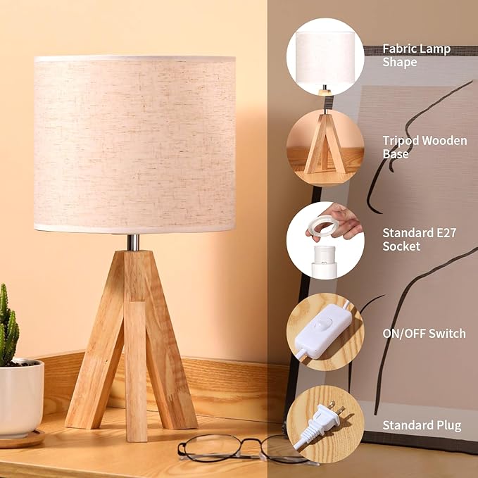 Table Lamp,Small Tripod Desk Lamp with Linen Fabric Lampshade,14.9",Tri-Color 5W Wooden Table Lamp for Living Room,Kids Room,Nursery