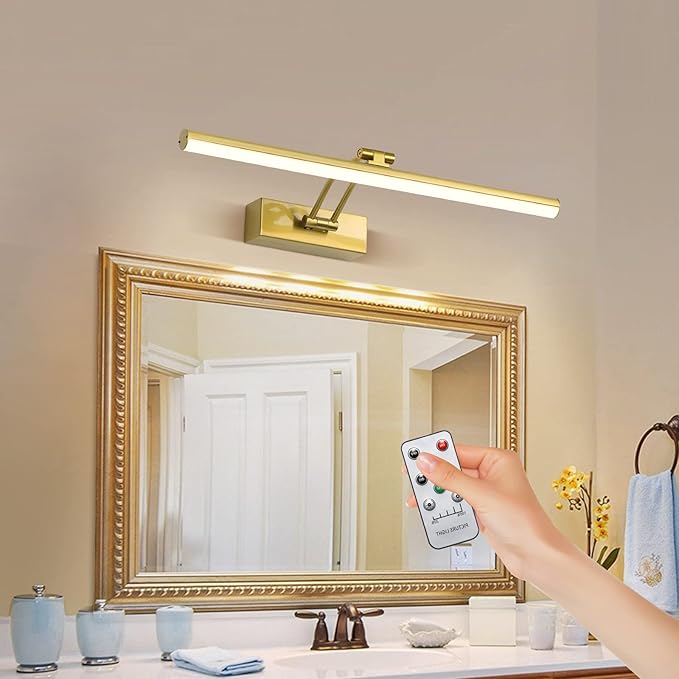 FUNCHDAY Wireless Picture Light,5000mAh Battery Operated Picture Light with Remote, Art Light with Timer,16“ Full Metal Picture Frame Light for Paintings, Gallery,Wall (Brass)