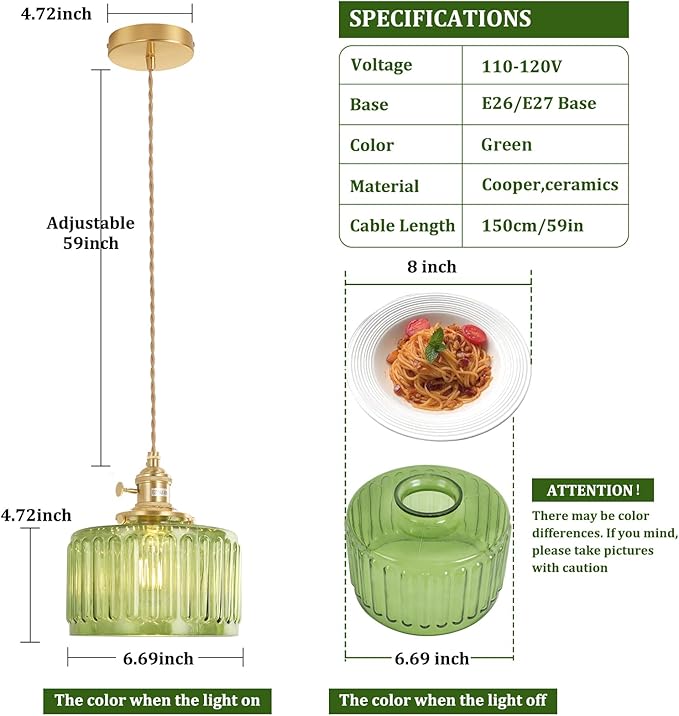 Pendant Light with Green Striped Glass Lmapshade, Brass Vintage Pendant Light Adjustable Hanging Light for Kitchen Island Dining Room Hallway