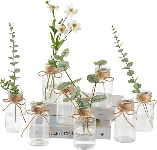 Vintage Glass Flower Vase Set of 8 Clear Vases with Hemp Rope for Farmhouse Wedding Centerpiece Cylinder Bottle for Reception Table Decoration Home Decor Floral Arrangements（Medium）