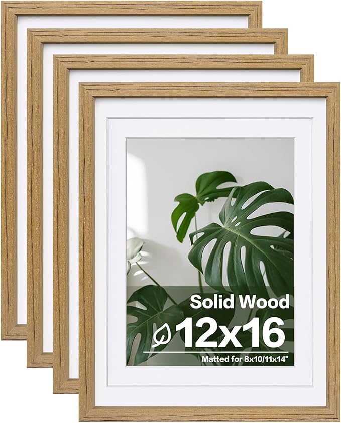 Egofine 12x16 Picture Frame with Plexiglass Made of Solid Wood, Display Pictures 9x12/11x14 with Mat or 12x16 Without Mat Set of 4 for Wall Mounting, Carbonized Brown