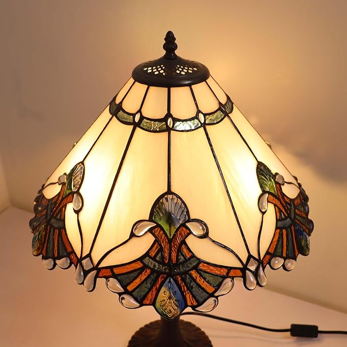 Bieye S10025 Tiffany Style Stained Glass Baroque Lampshade (17-inch Wide White)