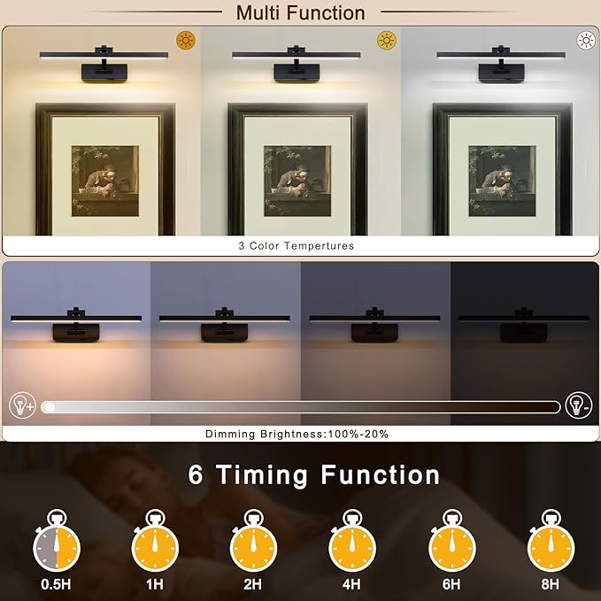 LED Wireless Picture Light with Remote Control,USB Rechargeable Battery Powered Art Lamps,Dimmable,270° Rotate,Timing,15.5 Inch Black Wall Lights for Paintings,Picture Frame,Gallery