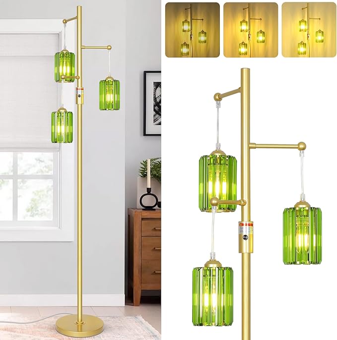 Gold Floor Lamp for Living Room with Green Crystal Shades, 3 Lights Modern Boho Tree Standing Lamp Dimmable, Dimmer Switch, 65IN Vintage Brass Tall Floor Lamps for Bedroom Office Reading Corner
