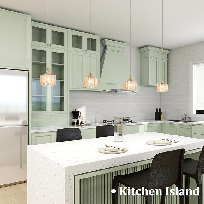 Pendant Light 2 Pack with Amber Striped Glass Lmapshade, Brass Vintage Pendant Light Adjustable Hanging Light for Kitchen Island Dining Room Hallway