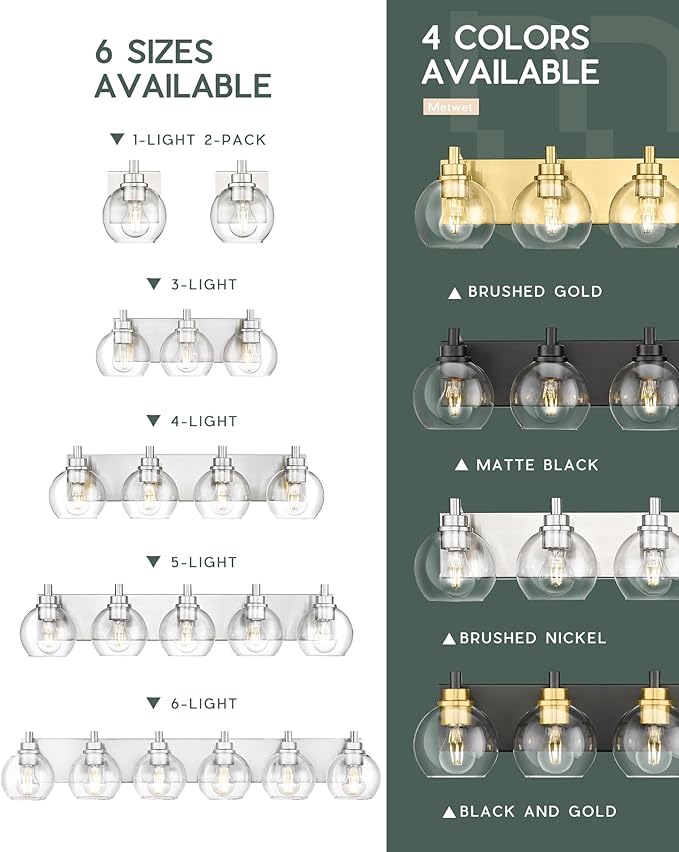 Bathroom Light Fixtures, 6 Light Brushed Nickel Vanity Light, 38 Inch Modern Wall Sconces with Globe Clear Glass Shade, Vanity Lighting Fixtures Over Mirror, VL195-BN-6