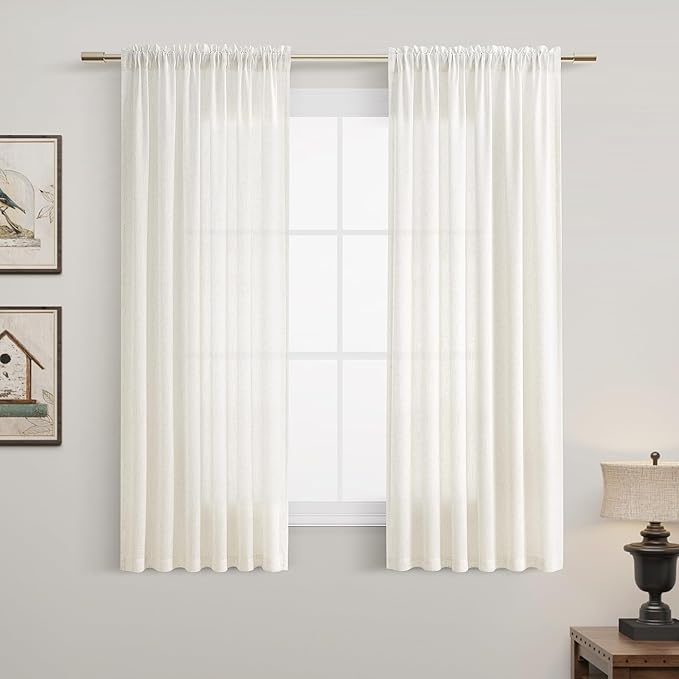 Guken Natural Linen Curtains 54 Inch Length for Living Room Bedroom 2 Panels Set Rod Pocket Light Filtering Semi Sheer Window Curtains 52 Inch Width Boho Farmhouse Linen Drapes Cream Ivory, W52xL54