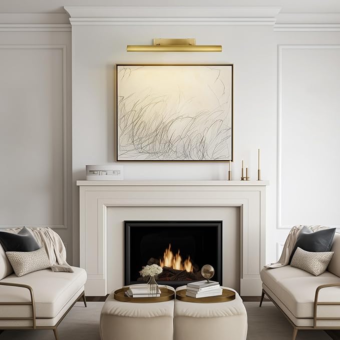 Brass Picture Lights for Wall, 30" Linear Picture Light Hardwired, 4-Light Brush Gold Art Light, Dimmable Gallery Light for Paintings, Warm White 270° Picture Frame Lights for Bathroom, Living Room