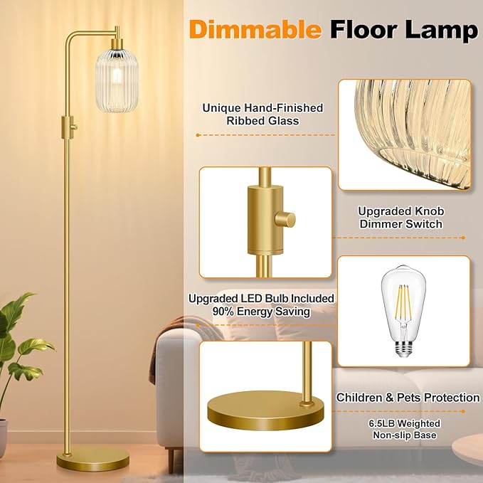 【Upgraded】 Dimmable Glass Floor Lamp for Living Room, Modern Gold Standing Lamp with Clear Ribbed Glass Lampshade & Knob Dimmer, Arc Tall Lamp for Bedroom Office Reading Room, 2700K Led Bulb Included