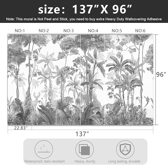 -Grey Jungle Botanical Animal Banana Leaf Fabric Wallpaper Living Room Tropical Plant Forest Leaf Wallpaper Bedroom Bathroom Large Wall Mural- 137"x96"（ not Peel and Stick）