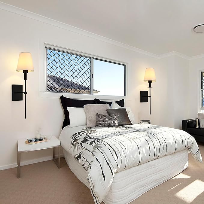 Wall Lamps for Bedrooms Set of 2, Black Retro Wall Mounted Bedside Lamps Sconces Lighting with Fabric Shade for Bedroom Living Room Corridor Kitchen