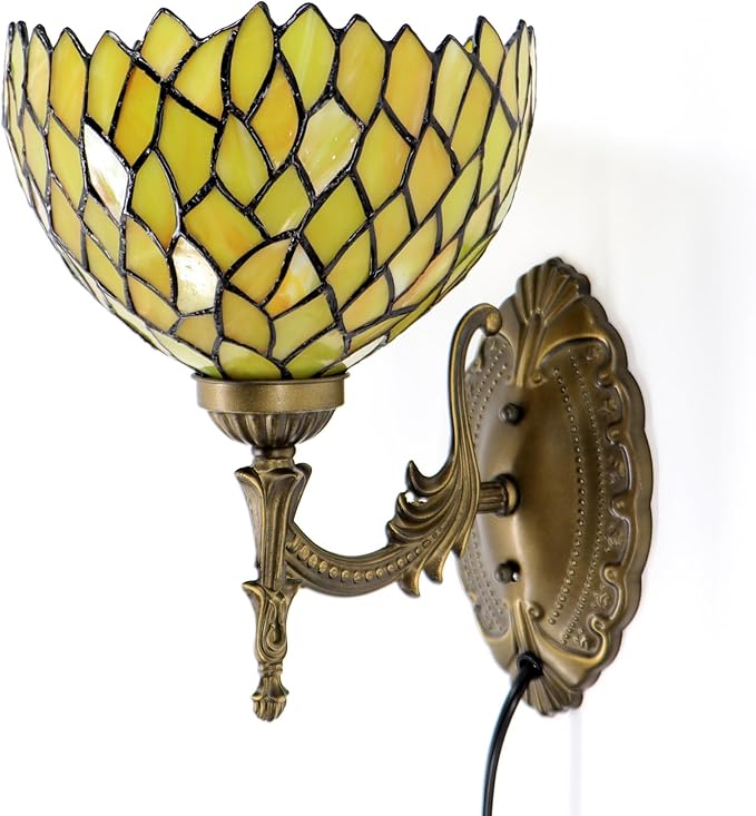 Tiffany Sconce Lamp Stained Glass Wall Lamp,8X10.5X11 Inch Plug in Wall Bedside Light for Hallway Bedroom (Yellow Wisteria)