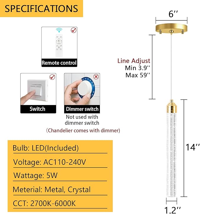 1-Light Modern Crystal Chandeliers LED Dimmable Pendant Lighting for Kitchen Island Dining Room Hallway