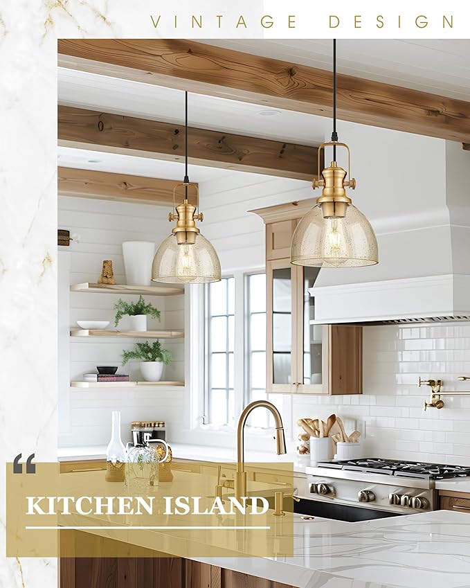 Pendant Lights Kitchen Island, 7.5" Farmhouse Pendant Lighting with Amber Seeded Glass Shade, Vintage Hanging Light Fixtures for Dining Room, Brushed Gold, AD-22151-1P-GD-OR