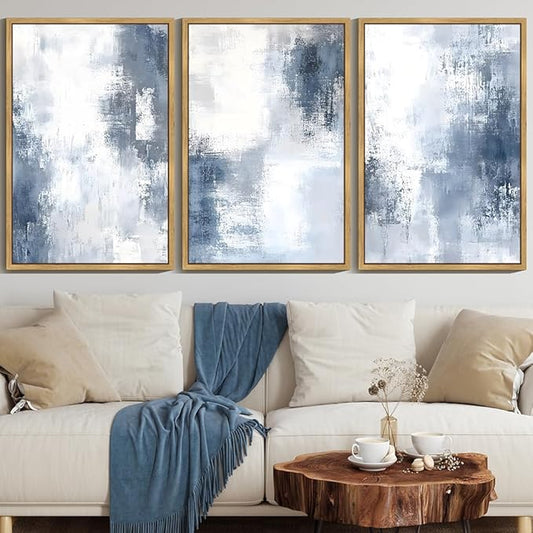 KUVIOKE Navy Blue and Gray Abstract Framed Canvas Wall Art Brush Strokes Block Shape Pastel Wall Decor Modern Minimalist Art Painting Home Decor 24x36in (Natural Framed)