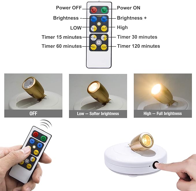 BIGLIGHT Spotlight Battery Operated, LED Puck Light, Dimmable Uplight with Remote, Stick on Accent Light for Painting Picture Wall Artwork Photo Portrait Closet Plants, Warm White, 2 Pack