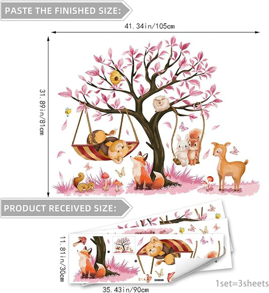 Cute Jungle Theme Wall Stickers Removable Animal Forest Wall Decals Elephant Monkey Lion Giraffe Zebra Peel and Stick Tropical Wall Art Decor for Nursery Bedroom Classroom (Pink)